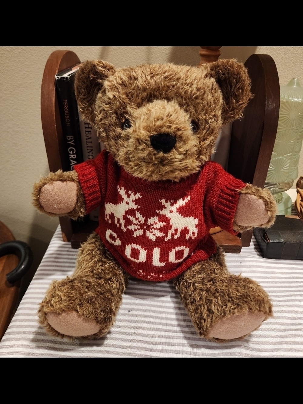 Vintage Ralph Lauren Polo Brown Plush Teddy Bear with Red Holiday Sweater